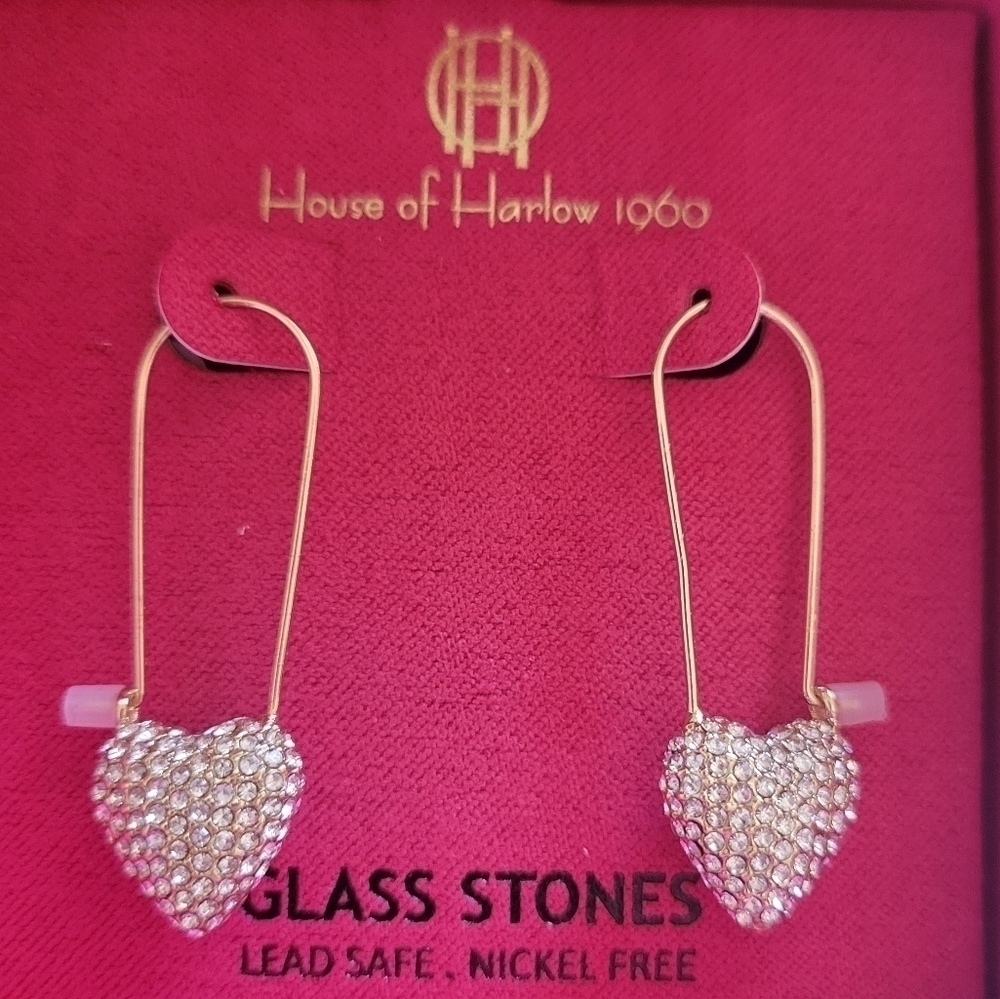 House of Harlow Glass Stone Heart Earrings NIB